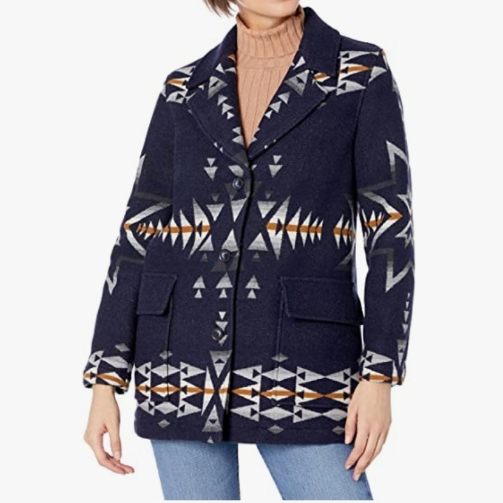 Pendleton Wahkeena Wool Coat NWT Blue Jaquard Aztec Pattern